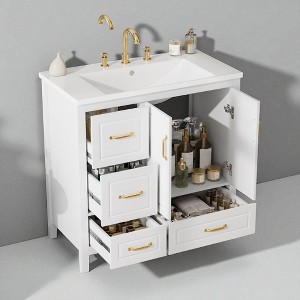 36" Freestanding Bathroom Vanity with Resin Sink, Soft-Close Cabinet & 4 Drawers, Gold Metal Handles, Open Back Design - 1 of 4