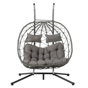 AEELLEEA Egg Swing Chair with Stand Cushion Strong Load Bearing 2 Person Hanging Wicker Hammock Chair for Indoor Outdoor Garden Patio Light Gray - 1 of 4