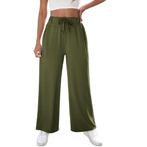 Women's Yoga Pants with Pockets Casual Joggers Loose Lounge Wide Leg High Waisted Drawstring Pants - 1 of 4