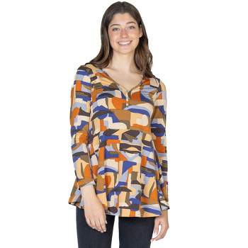 24seven Comfort Apparel Womens Orange Print Long Sleeve V Neck Tunic Top
