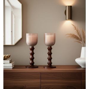 Pillar Holder with Glass Top and Turned Mango Wood and Metal Base in Modern Sculptural Design - 1 of 4