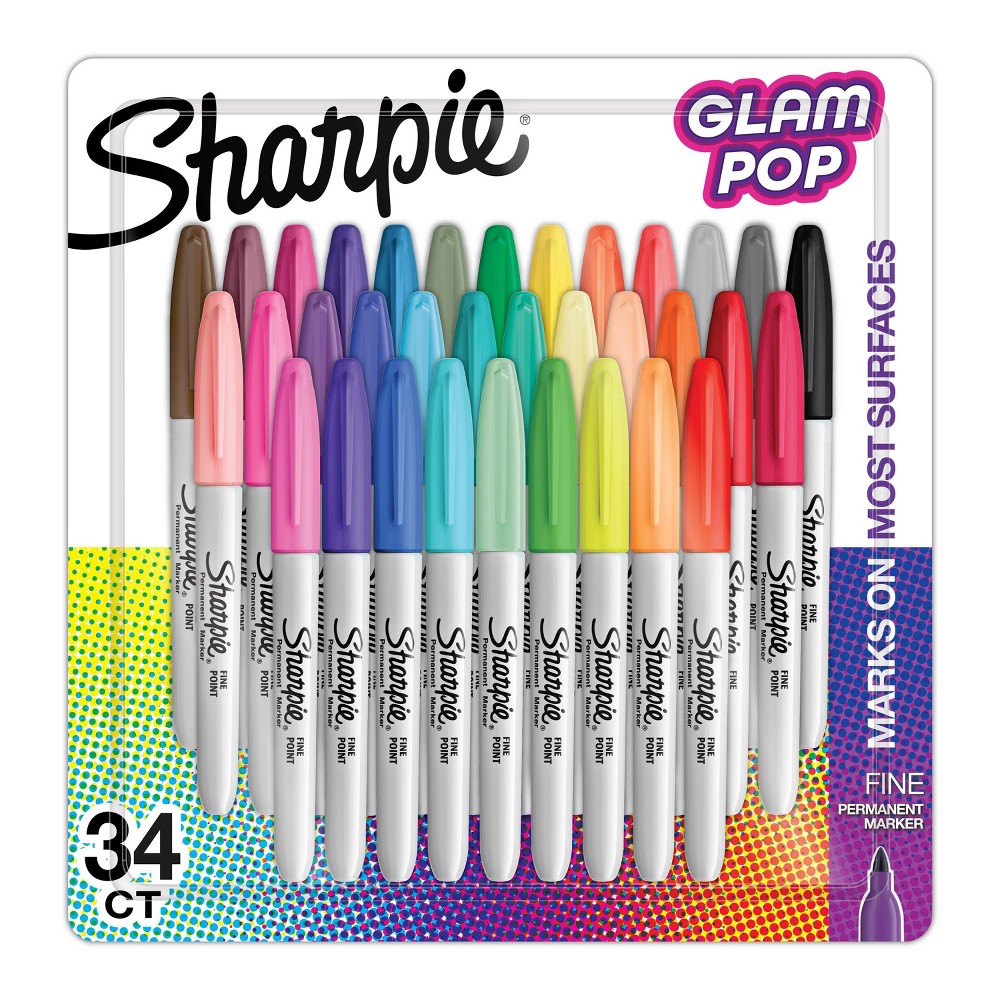 Photos - Accessory Sharpie 34pk Permanent Markers Fine Tip Multicolored Glam Pop: Art & Stationery, Office Supplies, Colored Sharpies 