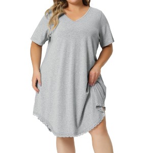 Agnes Orinda Women's Plus Size V Neck Short Sleeve Lace Trim Hem Nightgown - 1 of 4