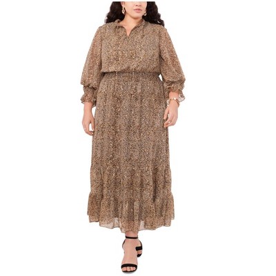 Vince Camuto Womens Smocked Tiered Split Neck Flounce Dress