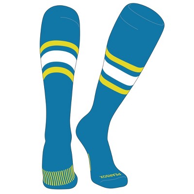 PEAR SOX Striped OTC Baseball, Softball, Football Socks (B) Turquoise, Bright Yellow, White (L)