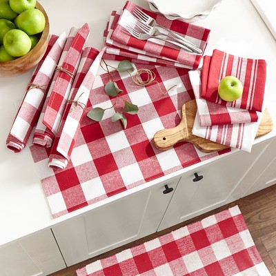 Red and White Cotton Check and Stripe Kitchen Towel Set