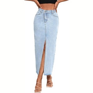 Women's High Waist Maxi Denim Skirt - A-Line Stretch Long Skirt with Front Split & Raw Hem 9009light Blue - 1 of 4