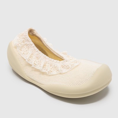 Komuello Toddler Girl First Walk Sock Shoes - Flat Sweet Latte Lace