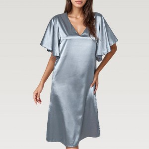Anna-Kaci Lounge Women's Satin Midi Dress with V-Neckline and Flutter Sleeves for a Relaxed Elegant Fit - Small, Gray - 1 of 4