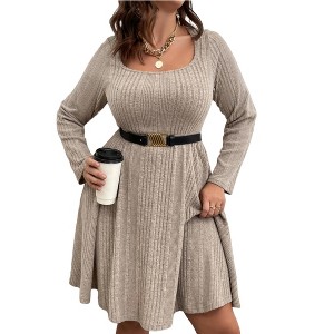Women's Plus Size Casual Sweater Dress Square Neck Long Lantern Sleeve Tie Waist - 1 of 2