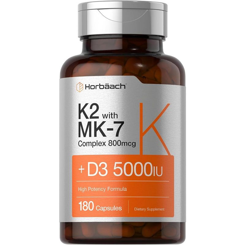Horbaach Vitamin K2 Complex with D3 5000 IU | 800 mcg of MK7 plus MK4 | 180 Capsules, 1 of 4