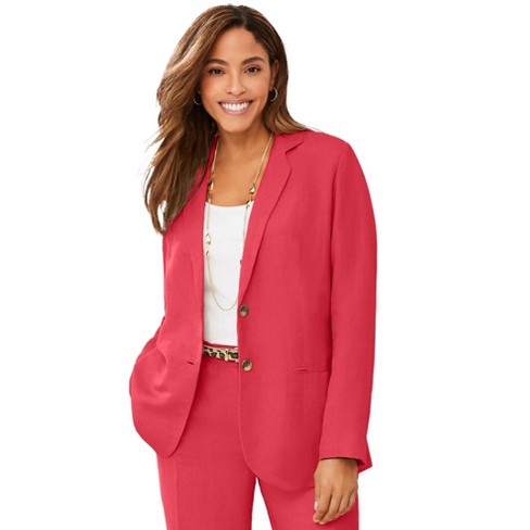 Jessica London Women's Plus Size Casual Long Sleeve Linen Blazer Jacket  With Pockets - 26 W, Bright Red : Target