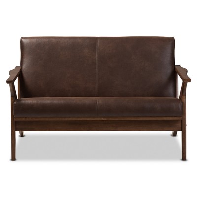 Walnut Wood Dark Brown Faux Leather Tufted Loveseat with Track Arms