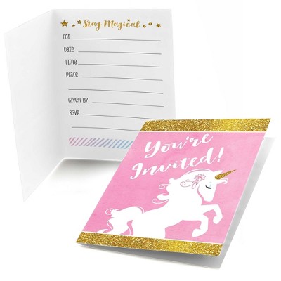 Big Dot of Happiness Rainbow Unicorn - Fill In Magical Unicorn Baby Shower or Birthday Party Invitations (8 count)