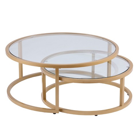 Aiden Lane Set of 2 Emma Glam Nesting Cocktail Table Gold: Round, Tempered Glass, Powder-Coated Steel Frame - image 1 of 4