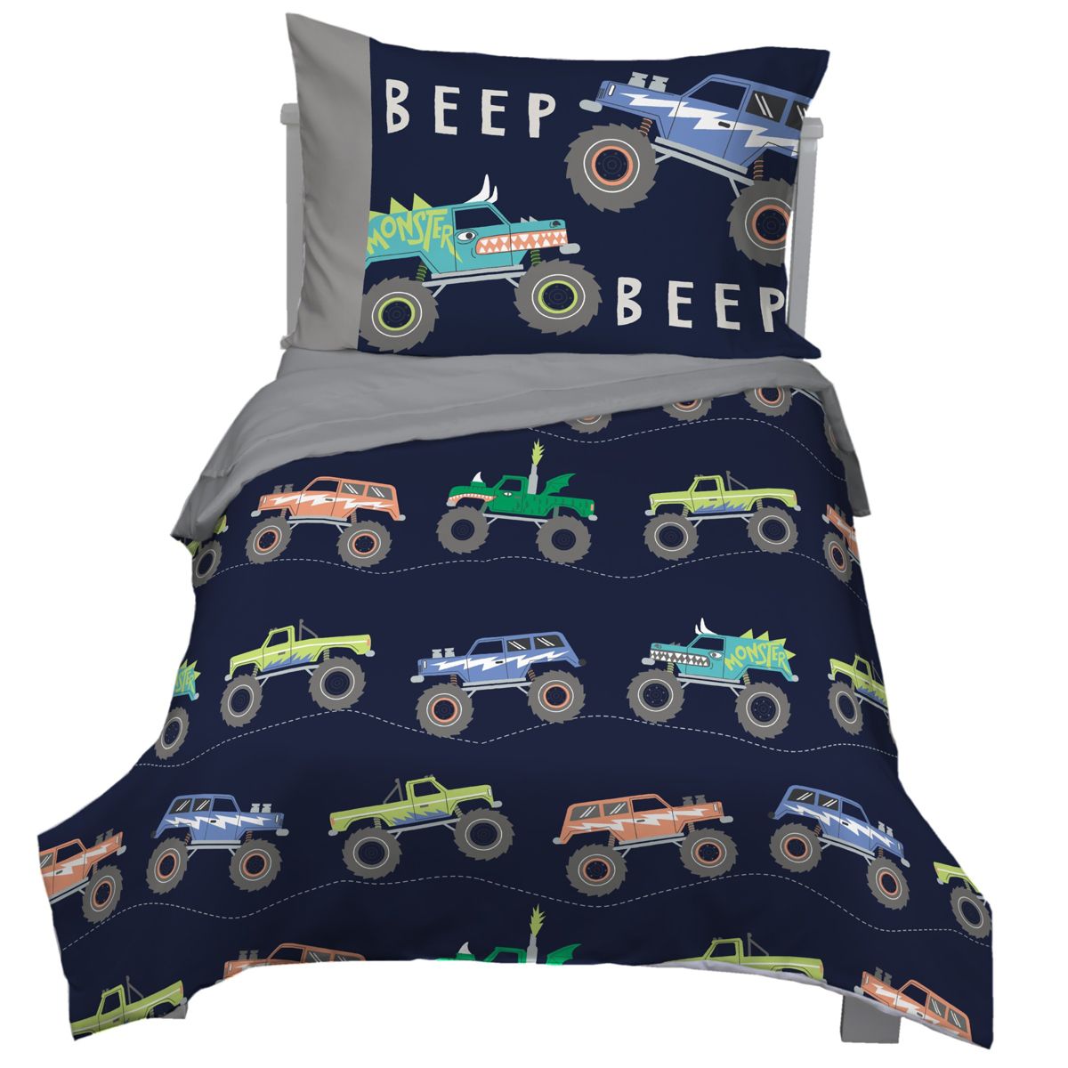 Carter's Monster Truck 4 Piece Toddler Bed Set - Comforter, Fitted Bottom Sheet, Flat Top Sheet, Standard Pillowcase, Navy and Grey - thumbnail 8