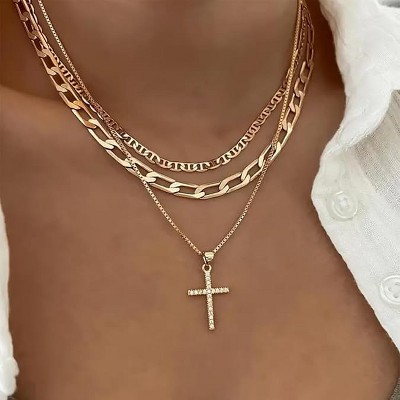 HTUTWOO Cross Necklace for Women,Stackable Stacked Stacking Layering Layered Necklaces Dainty Gold Necklace Paperclip Box Flat Mariner Chain Necklace