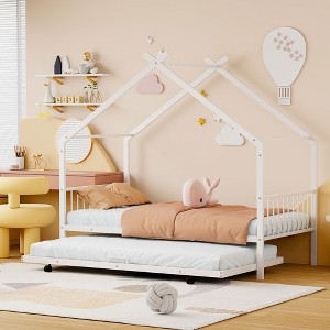 Full/Twin Size House-Shaped Metal Platform Bed Frame with Twin Size Trundle Bed/ Drawers 4S -ModernLuxe - 1 of 4