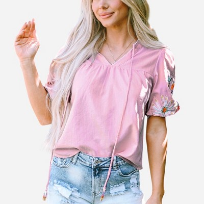 Amaryllis Women’s Embroidered Floral Sleeve Boho Peasant Top Relaxed Fit Tassel Tie V-Neck Lightweight Casual Blouse