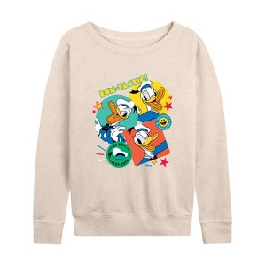 Women's - Disney - Donald Duck Sticker Look Lightweight French Terry Wide Neck Long Sleeve Shirt - 1 of 4