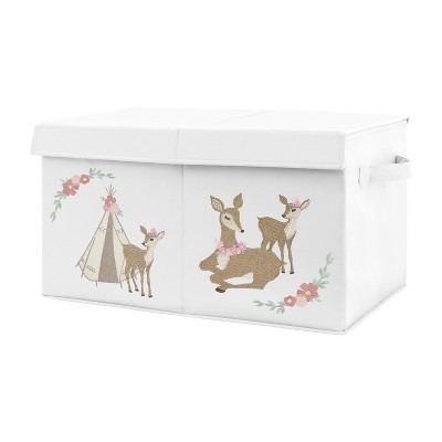 Image of Sweet Jojo Designs Girl Fabric Storage Toy Bin Deer Floral White Taupe and Pink