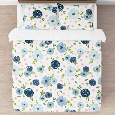 Full Blue Microfiber Floral Comforter Set for Girls
