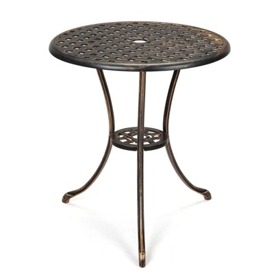 24" Round Patio Bistro Table - Cast Aluminum Outdoor Cafe Table with Umbrella Hole for Porch/Backyard/Garden