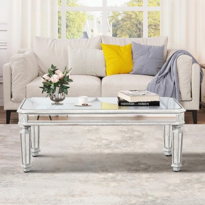 Vintage Mirrored Coffee Table with Carved Accents, Rectangular Glass Center Table for Living Room, Finish Modern Tea Table-Maison Boucle