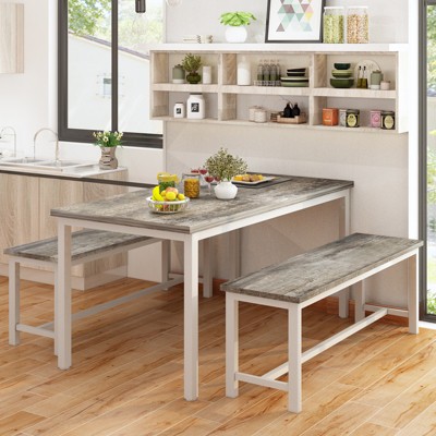 Hooseng 3-Piece Dining Table Set wtih 2 Benches, Farmhouse Style Dining Room Set for 4, Particle Board Table Top and Robust Metal Frame Dinette Set
