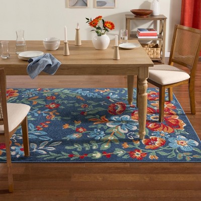 Hibiscus Bloom Blue Red Beige Floral Indoor Outdoor Area Rug