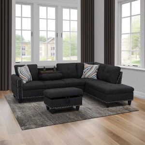3-Piece L-Shaped Combination Sofa Set in Grey Linen for Living Room - 1 of 2