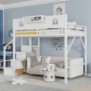 TIRAMISUBEST Full/Queen Loft Bed with Storage Stairs & Small Wardrobe, Kids Metal Bed Frame with House-Shaped Guardrails - 1 of 4