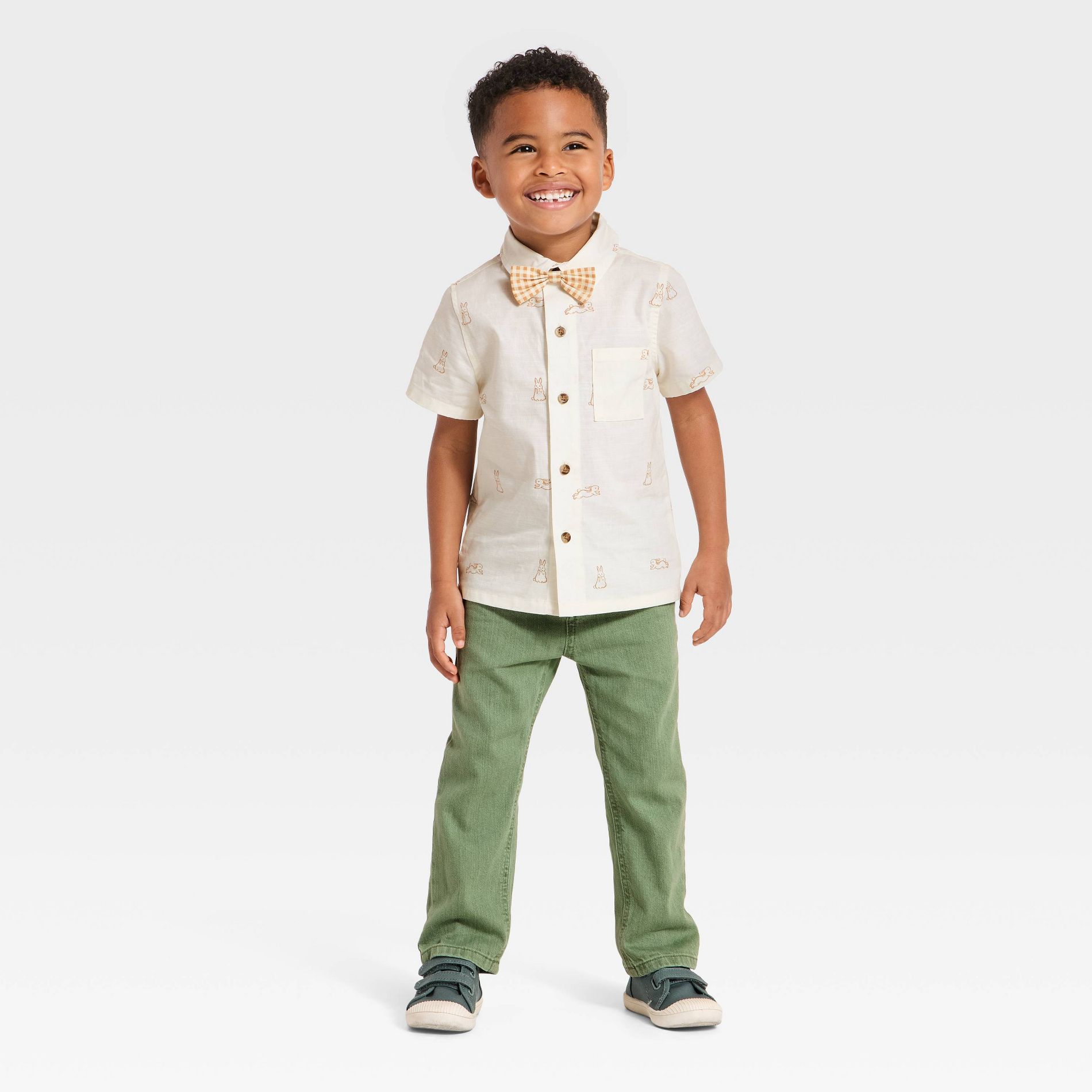 Toddler Boys' 3pc Easter Bunny Short Sleeve Button-Up Shirt & Pants Set - Cat & Jack™ Cream/Green