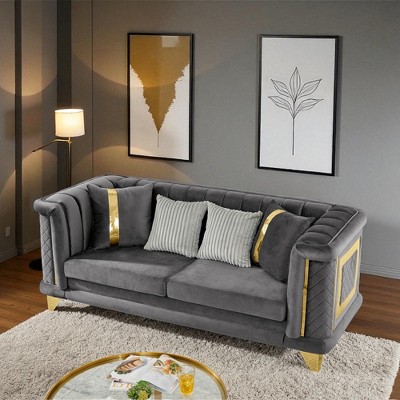 89" Velvet 3-Seater Luxury Sofa with Gold Stainless Steel Trims, Embroidered Texture, and Plush Pillows, Victorian Tufted Couch for Living Room