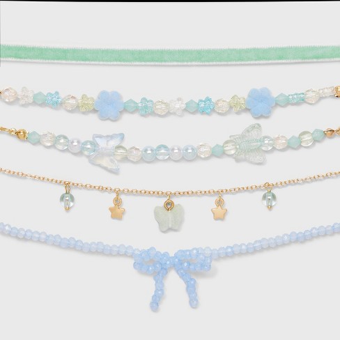 Girls 5pk Blue Beaded Bow Choker Necklace Set Cat Jack Target