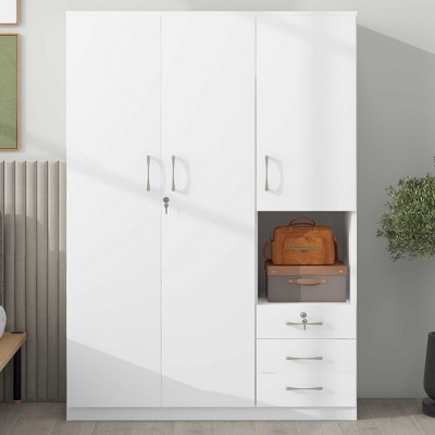 LOVMOR 2-Doors Wooden Wardrobe Storage with a Hanging Rail, Shelves and 3 Drawers for Bedroom, Home Room