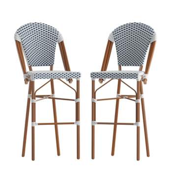 Emma and Oliver Set of Two Indoor/Outdoor 30" High Stacking French Bistro Counter Stools with Patterned Seat and Back and Metal Frames