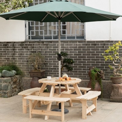 Natural Solid Wood Round Outdoor Picnic Table with Umbrella Hole, Seats 8