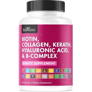 Biotin Collagen Keratin Hyaluronic Acid and B Complex Supplement Capsule, Beauty Vitamins for Women for Hair Skin and Nail Support, Bioschwartz, 60ct - 1 of 4