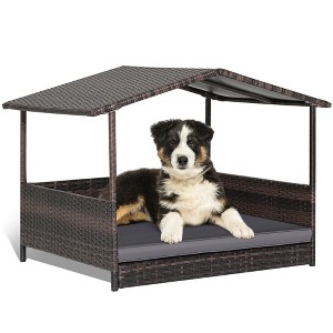 Tangkula Wicker Dog House w/ Cushion Lounge Raised Rattan Bed for Indoor/Outdoor Grey - 1 of 4