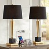 Possini Euro Design Wayne Modern Table Lamps 29 1/4" Tall Set of 2 Brass with USB Charging Port Black Fabric Drum Shade for Bedroom Living Room Kids - 2 of 4