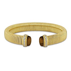EVERLY JEWELRY | Yellow Plated Sterling Silver 0.20 CT TGW Cubic Zirconia and wide Tiger Eye wide flat omega Bangle - 1 of 4