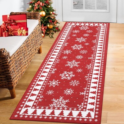 Christmas Rug Washable Snowflake Printed Rug Non Slip Low Pile Rug Soft Xmas Floor Cover Foldable Indoor Carpet for Living Room Bedroom,Red/2'x6'
