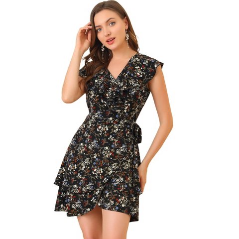 Женские платья INSPIRE CHIC Women's Boho Floral Wrap V Neck Sleeveless Ruffle Hem Mini Dress Black Medium