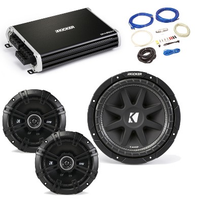 Kicker 43C104 10” Comp Subwoofer, 43DSC6504 6.5” DS-Series Speakers with 43DXA2504 DX-Series Amplifier and wire kit