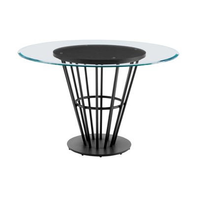 HomeRoots 48" Clear And Black Glass And Iron Pedestal Base Round Top Dining Table