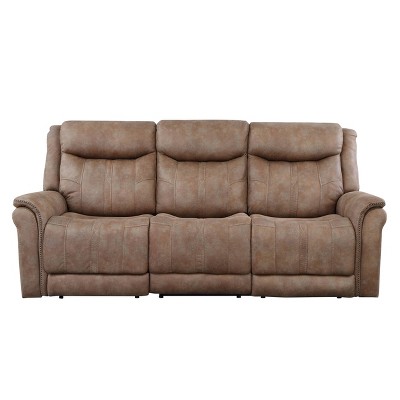 Camel Faux-Suede Power Reclining Sofa with Nailhead Trim