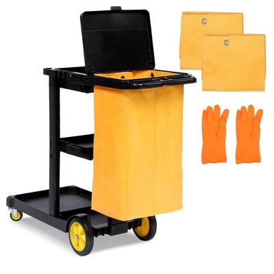 Janitorial Cart, 3-Shelf Cleaning Cart, 500LBS Capacity with 25 Gallon PVC Trash Bag