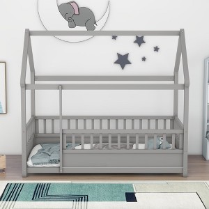 Wooden Twin Size Bed Frames With House Roof Frame Fence Guardrails Easy Assembly Slat Mattress Foundation Canopy Platform Bed - 1 of 4