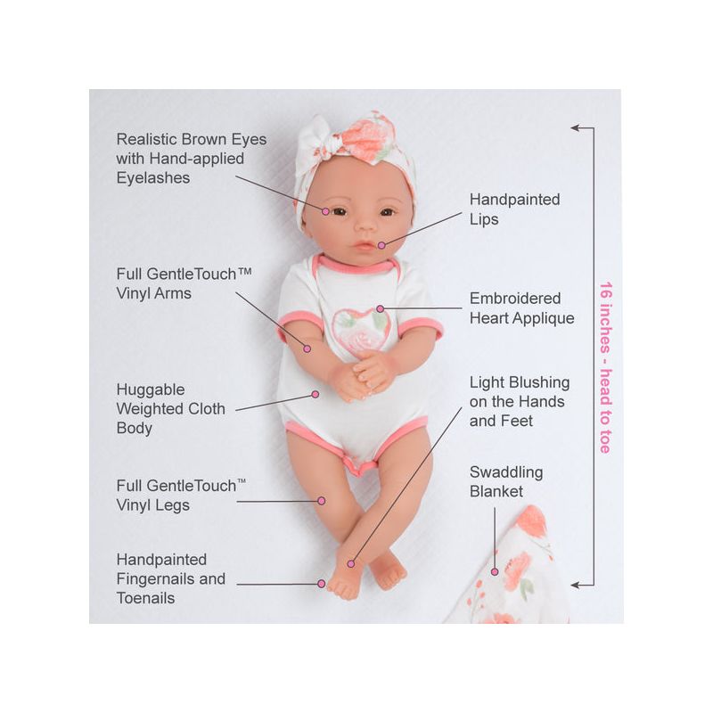 Paradise Galleries Newborn Baby Doll 16 inch Reborn Preemie, Swaddlers: Peach Blossom, Safety Tested for 3+, 4-Piece Set, 3 of 9